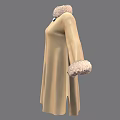 Beige Cape Coat With Fur Collar Cuffs And Decorative Button Design 3d model