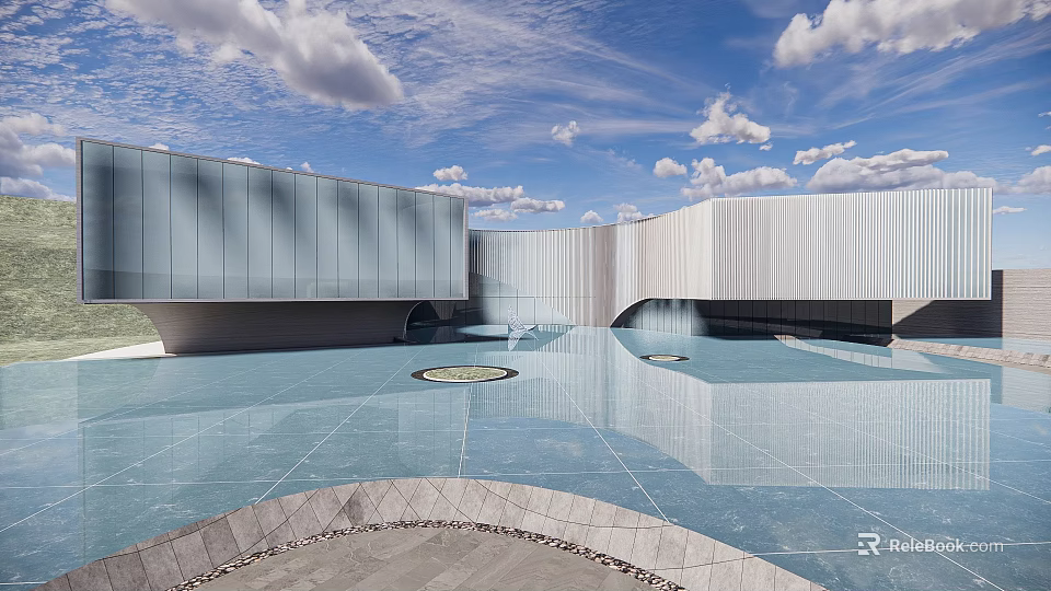 Modern Sales Office Building With Glass Curtain Wall Open Space And Reflective Water Pool 3d model 