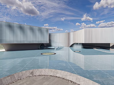 Modern Sales Office Building With Glass Curtain Wall Open Space And Reflective Water Pool 3d model