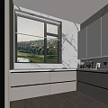 Modern Bathroom Cabinetry With Marble Wall Large Window Scenic View And Wall Mirror