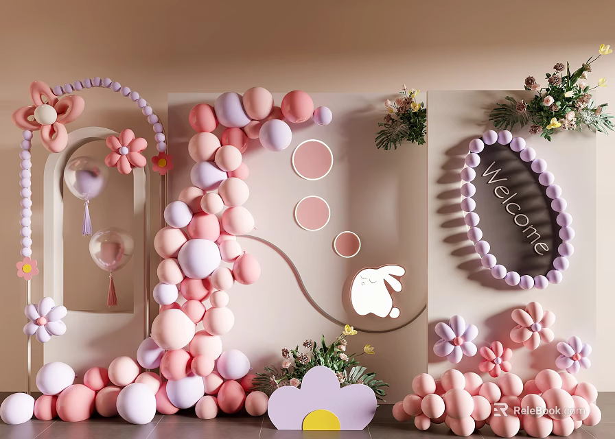 Floral Display with Pink Purple Balloons Flower Decorations Welcome Sign and Rabbit Figure 3d model 