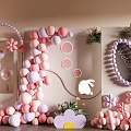 Floral Display with Pink Purple Balloons Flower Decorations Welcome Sign and Rabbit Figure