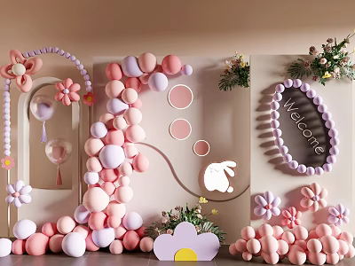 Floral Display with Pink Purple Balloons Flower Decorations Welcome Sign and Rabbit Figure 3d model