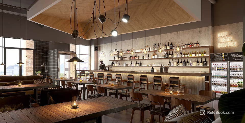 Modern Bar Interior With Pendant Lights Wooden Tables And Liquor Bottle Shelves 3d model 