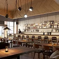 Modern Bar Interior With Pendant Lights Wooden Tables And Liquor Bottle Shelves