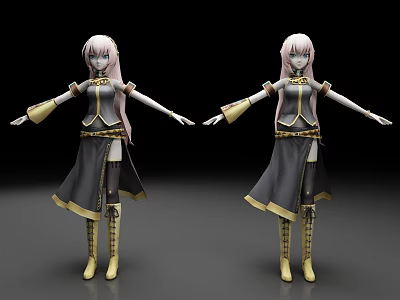 Anime Style Female Character 3D Model With Pink Hair And Gray Gold Outfit 3d model
