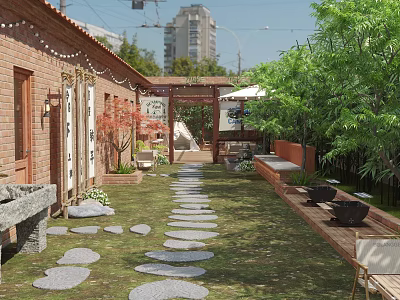 Charming Garden With Red Brick House Stone Stepping Path Lush Greenery And Wooden Bench Pergola 3d model