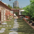 Charming Garden With Red Brick House Stone Stepping Path Lush Greenery And Wooden Bench Pergola