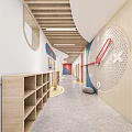 Elevator Corridor in Kindergarten with Arched Doorways Wooden Ceiling Cork Boards and Gray Floor