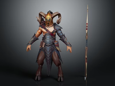 Detailed Fantasy Ram Horned Warrior Creature In Armor With Spear Weapon 3d model