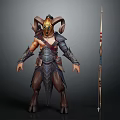 Detailed Fantasy Ram Horned Warrior Creature In Armor With Spear Weapon