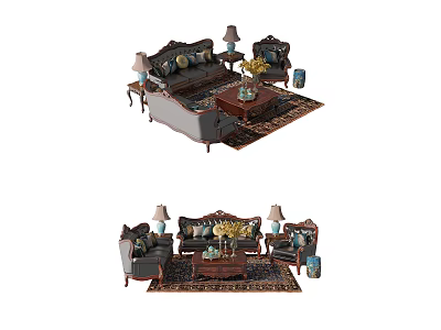Classic Sofa and Coffee Table Set With Area Rug Table Lamps And Decorative Cushions 3d model