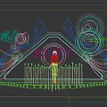 Colorful Stage Design With Brick Wall SUN Sign Arrows Circles Waves And Lights