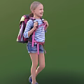 Happy Child With Pink Backpack In Striped Shirt And Denim Shorts Smiling On Green Background