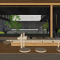 Traditional Japanese Tea Room Interior Featuring Garden View Stone Water Feature And Wooden Furniture