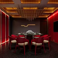 Elegant Private Dining Room With Red Decor Modern Lighting And Round Dining Table 3d model