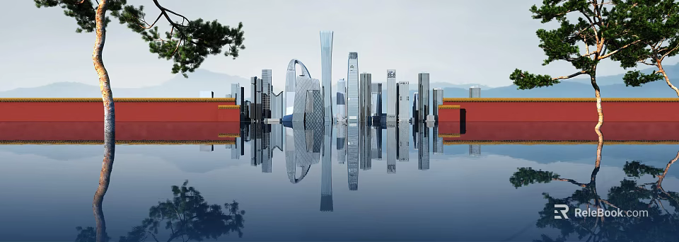 Modern Urban Skyline With Tall Skyscrapers Traditional Red Buildings And Water Reflection 3d model 