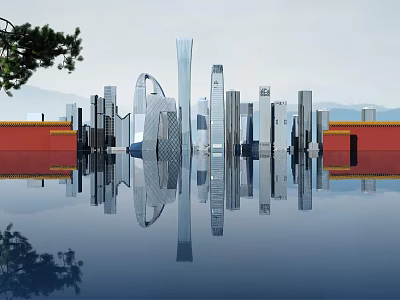 Modern Urban Skyline With Tall Skyscrapers Traditional Red Buildings And Water Reflection 3d model
