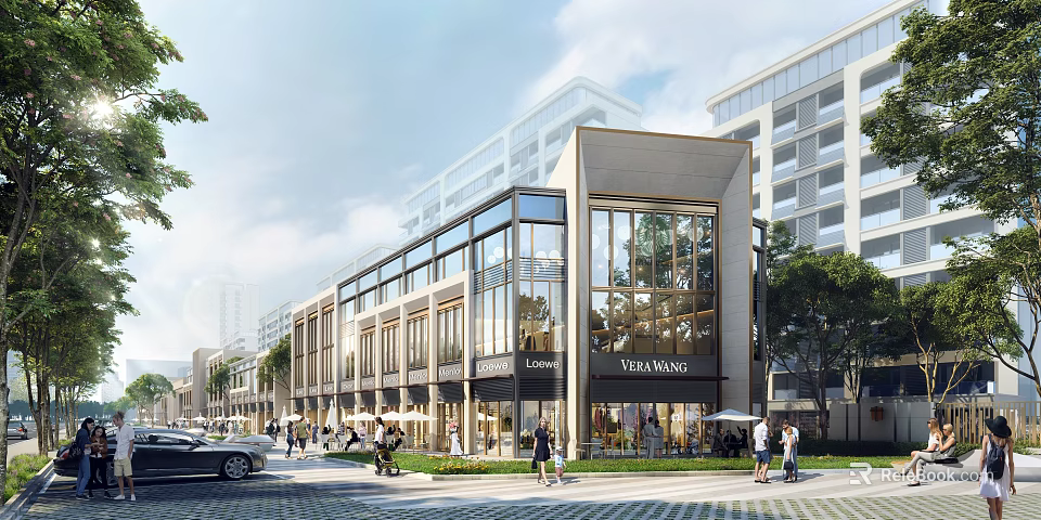 Aerial Planning of Modern Commercial Area with Street-Facing Shops Glass Facades Pedestrians And Greenery 3d model 