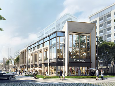 Aerial Planning of Modern Commercial Area with Street-Facing Shops Glass Facades Pedestrians And Greenery 3d model