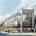 Aerial Planning of Modern Commercial Area with Street-Facing Shops Glass Facades Pedestrians And Greenery