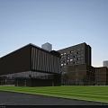 Modern Gymnasium Building With Glass Facade Metal Exterior And Green Lawn Area