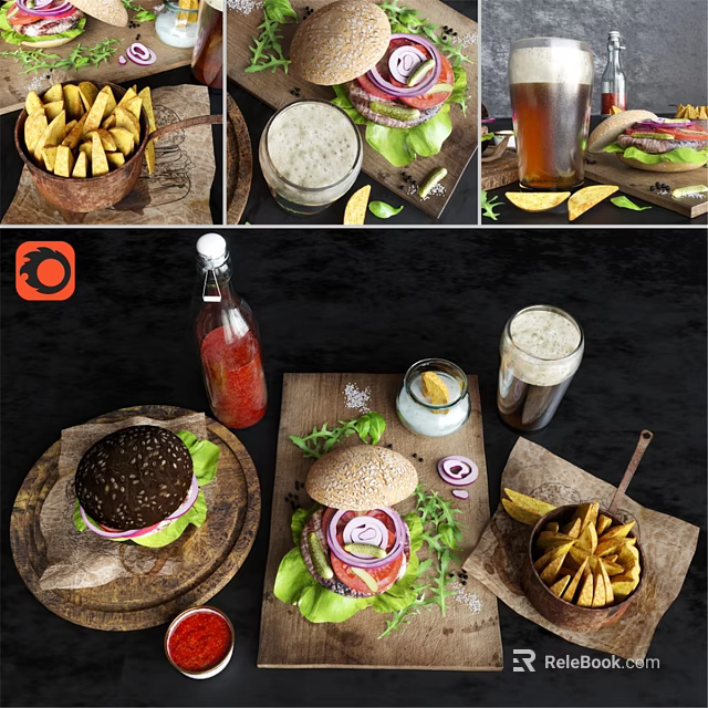 Delicious Burgers With Fresh Lettuce Onion Slices Copper Fries And Cold Beer On Wooden Board 3d model 