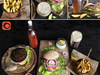 Delicious Burgers With Fresh Lettuce Onion Slices Copper Fries And Cold Beer On Wooden Board 3d model