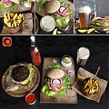 Delicious Burgers With Fresh Lettuce Onion Slices Copper Fries And Cold Beer On Wooden Board