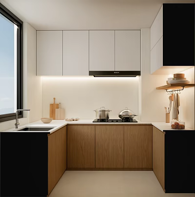 Modern Kitchen Interior With White Upper Cabinets Wooden Lower Cabinets Range Hood And Cooktop 3d model