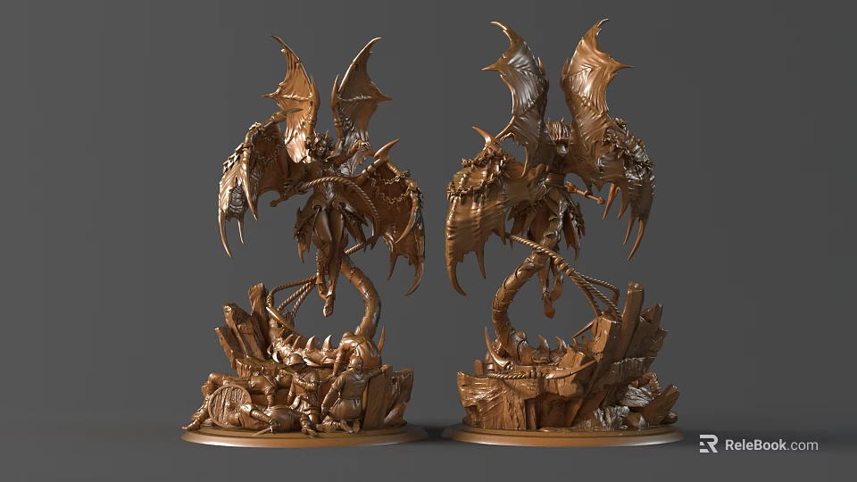 Two Intricate Dragon Sculptures With Bronze Colored Detailed Wings And Rocky Base Design 3d model 
