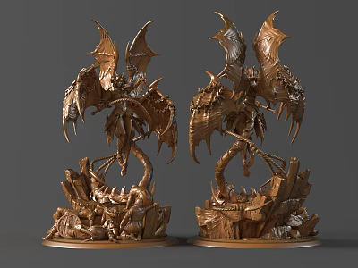 Two Intricate Dragon Sculptures With Bronze Colored Detailed Wings And Rocky Base Design 3d model