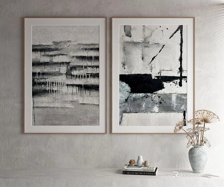 Abstract Paintings Hanging On Wall With Vase And Decorative Items 3d model