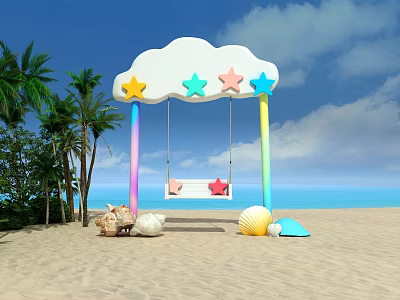 Beach Photo Check-in Spot With Cloud Swing Colorful Stars Palm Trees And Seashells 3d model