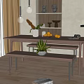 Modern Dining Table Set with Bench Fruits Plant and Shelf Decor in Bright Room