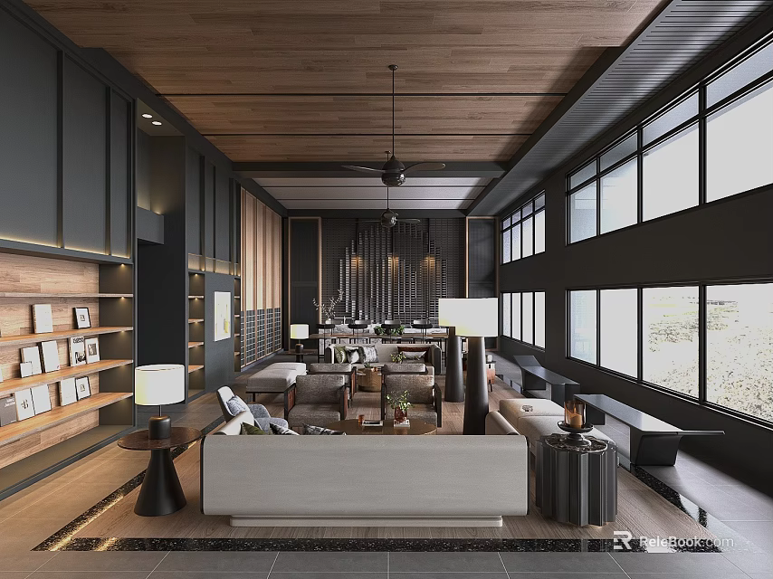 Modern Upscale Sales Office Lounge Space With Cozy Seating Sets And Warm Wood Interior Design 3d model 