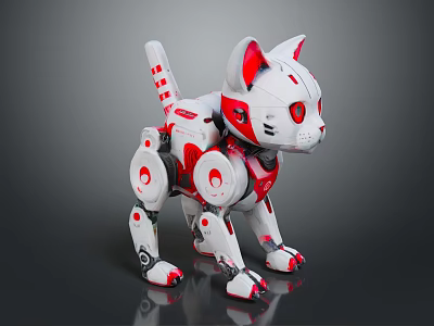 White And Red Robotic Cat With Mechanical Legs Bionic Ears Sci Fi Pet Design 3d model