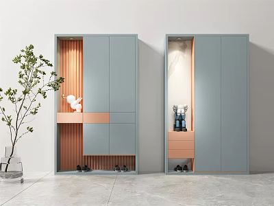Modern Shoe Cabinet Design With Grey Doors Wooden Accents And Decorative Items 3d model