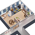 Modern Activity Room With Wooden Flooring Ceiling Strips And Blue Wall Decor Icons