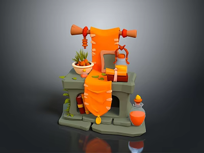 Decorative Furniture Shelf With Orange Cloth Scroll Potted Plant And Decorative Bottle 3d model