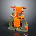 Decorative Furniture Shelf With Orange Cloth Scroll Potted Plant And Decorative Bottle