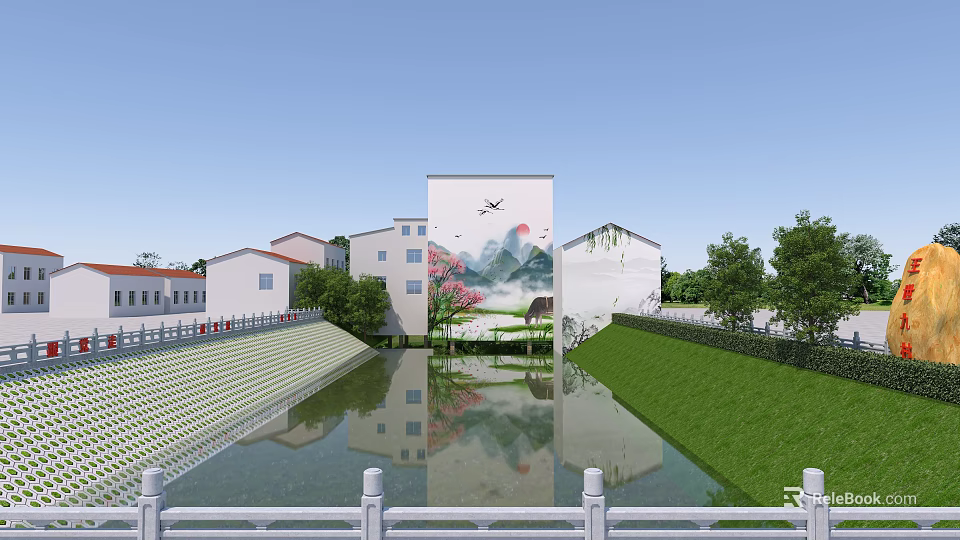 Traditional Garden Landscape With Pond Reflection Green Grass Trees And Landscape Painting On Architecture 3d model 