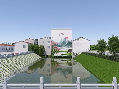 Traditional Garden Landscape With Pond Reflection Green Grass Trees And Landscape Painting On Architecture 3d model