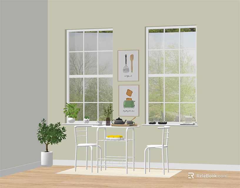 White Table And Chairs Set With Large Windows Green Plants Wall Paintings And Wooden Floor 3d model 