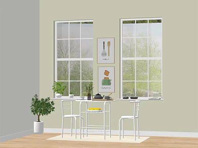 White Table And Chairs Set With Large Windows Green Plants Wall Paintings And Wooden Floor 3d model
