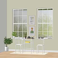 White Table And Chairs Set With Large Windows Green Plants Wall Paintings And Wooden Floor