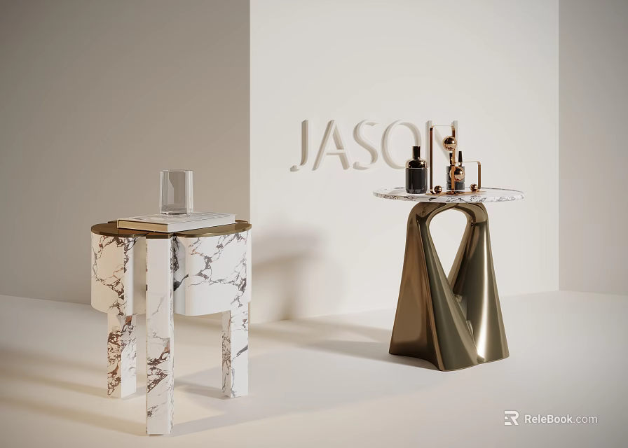 Modern Stylish Side Tables With White Marble Top And Golden Metal Base Design 3d model 