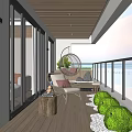 Cozy Home Balcony With Wooden Flooring Rattan Chairs Green Plants And Wall Lamp