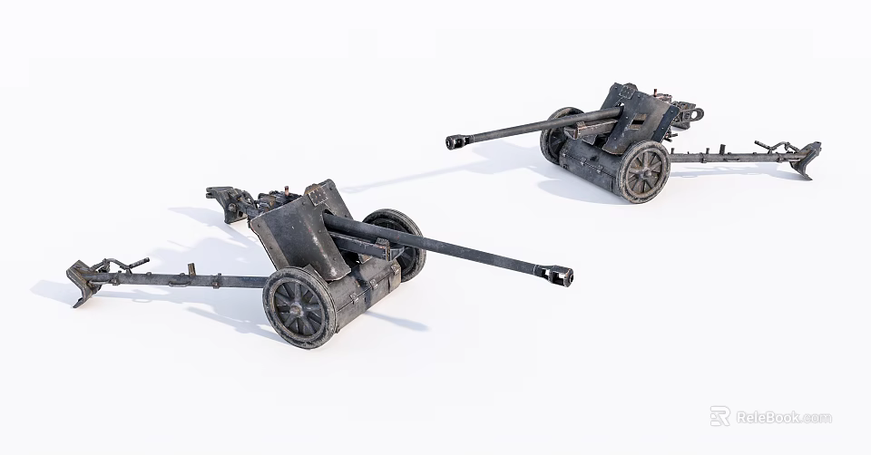 Two Vintage Military Cannons Historical Weapons With Metal Wheels And Old Design 3d model 