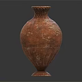 Green Plants In Brown Textured Ceramic Vase With Base And Gray Background